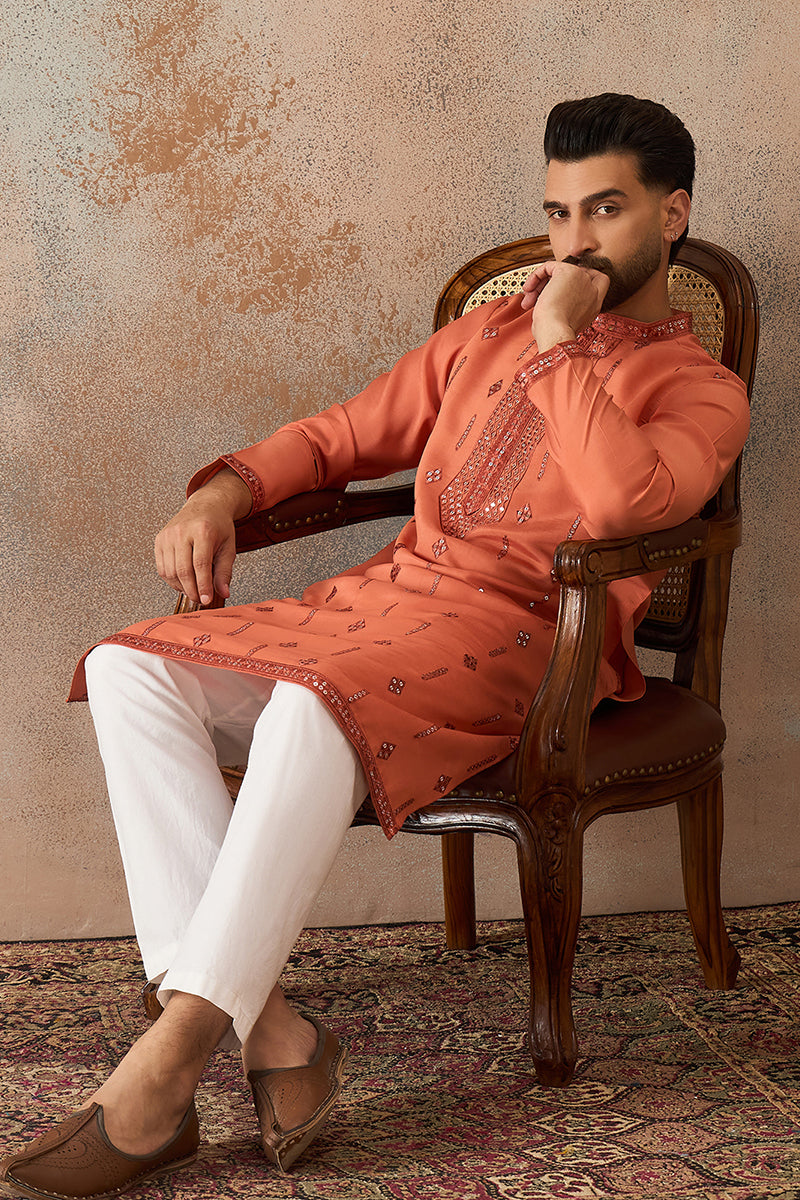 Orange Silk Blend Solid Embroidered Kurta With Trouser MKSET2258
