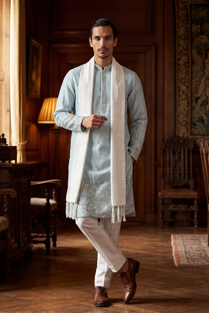 Blue Silk Blend Solid Embroidered Straight Kurta Sets MKUD1785