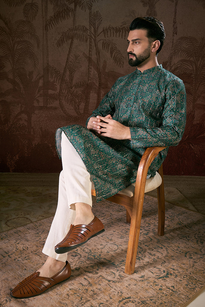 Sea Green Silk Blend Ethnic Motifs Printed Straight Kurta MKU1927