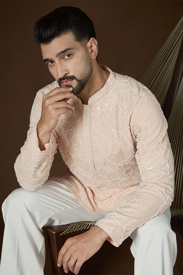 Peach Georgette Solid Embroidered Kurta With Trouser MKSET2731