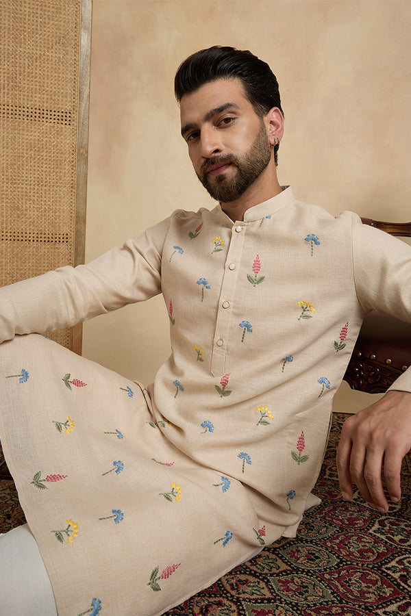Beige Linen Solid Embroidered Thread Work Kurta MKU2462
