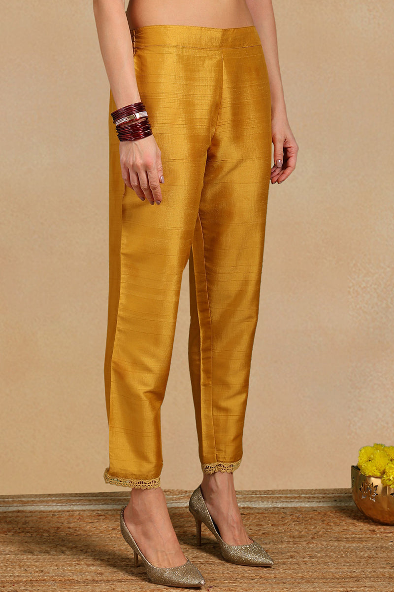 Mustard Yellow Silk Blend Floral Embroidered Straight Suit Set PKSKD2240