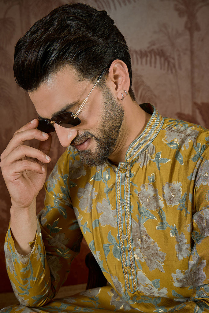 Mustard Silk Blend Floral Embroidered Kurta With Trouser MKSET2505