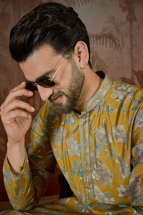 Mustard Silk Blend Floral Embroidered Kurta With Trouser MKSET2505