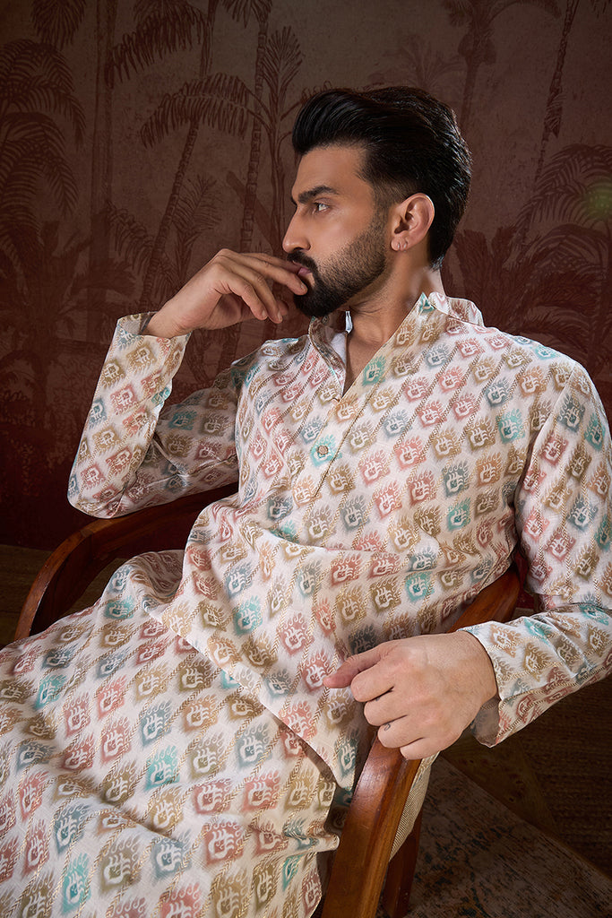 White Silk Blend Ethnic Motifs Printed Straight Kurta With Trouser MKSET1924