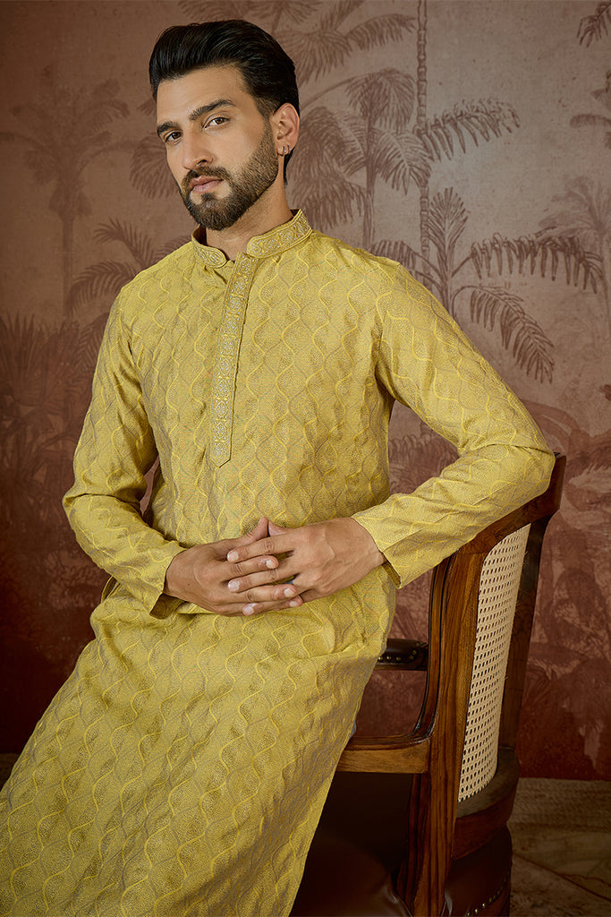 Yellow Jacquard Solid Embroidered Kurta MKU2501
