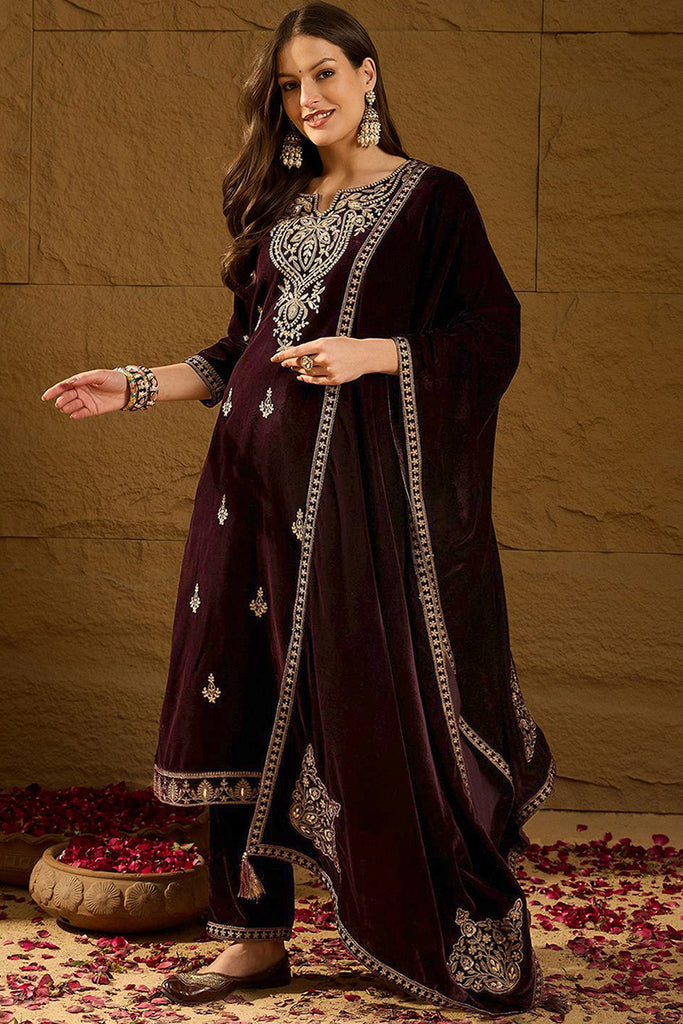 Purple Velvet Solid Embroidered Straight Trousers Suit Set PKSKD2254