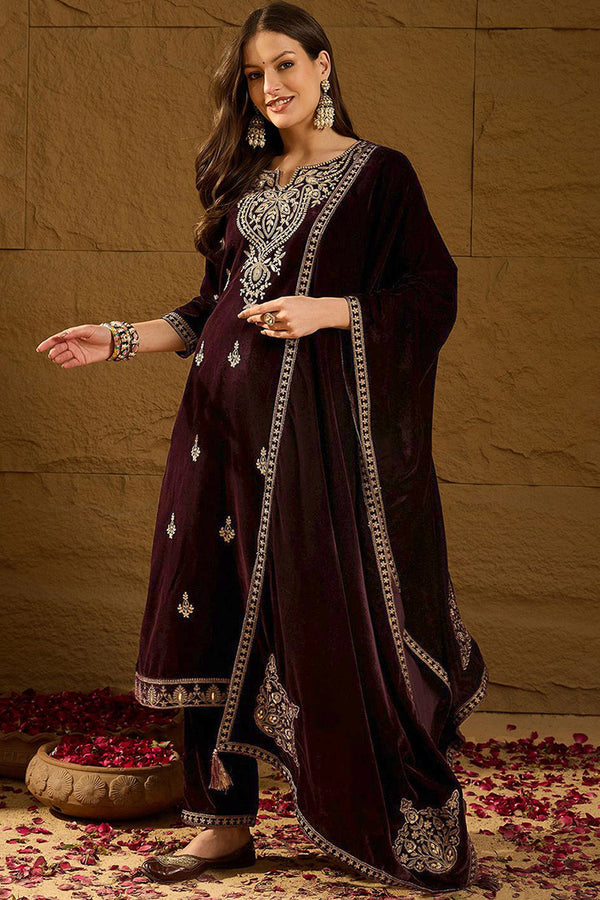 Purple Velvet Solid Embroidered Straight Trousers Suit Set PKSKD2254