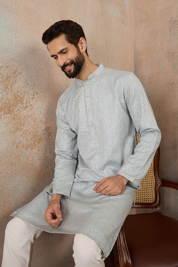 Blue Linen Self Design Embroidered Kurta With Trouser MKSET2367