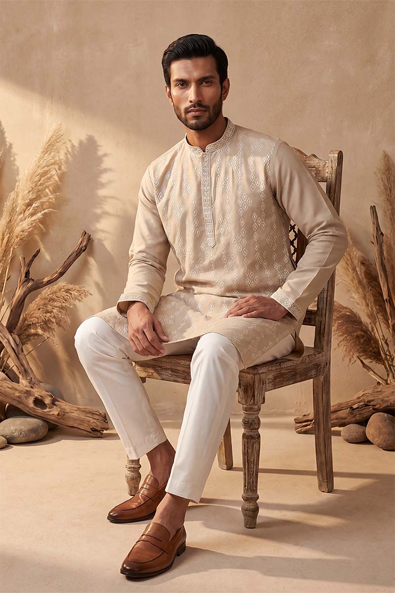 Beige Silk Blend Solid Embroidered Kurta With Trousers MKSET2089