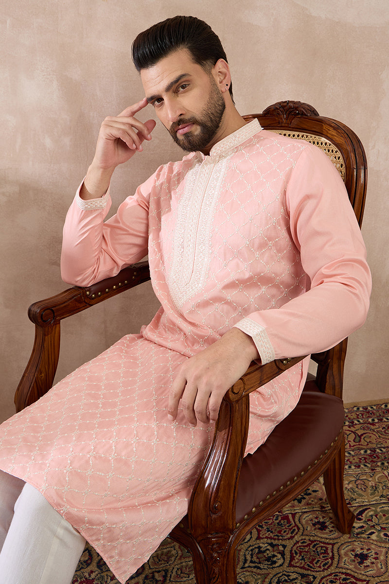 Pink Silk Blend Embroidered Mandarin Collar Straight Kurta With Trouser MKSET1692