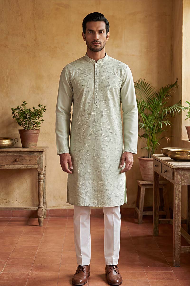 Silk Blend Green Solid Embroidered Calf Length Straight Kurta MKU2133