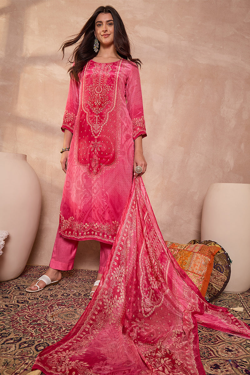 Pink Viscose Rayon Embroidered Kurta Trouser With Dupatta  HSKSKD3022