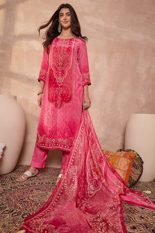 Pink Viscose Rayon Embroidered Kurta Trouser With Dupatta  HSKSKD3022