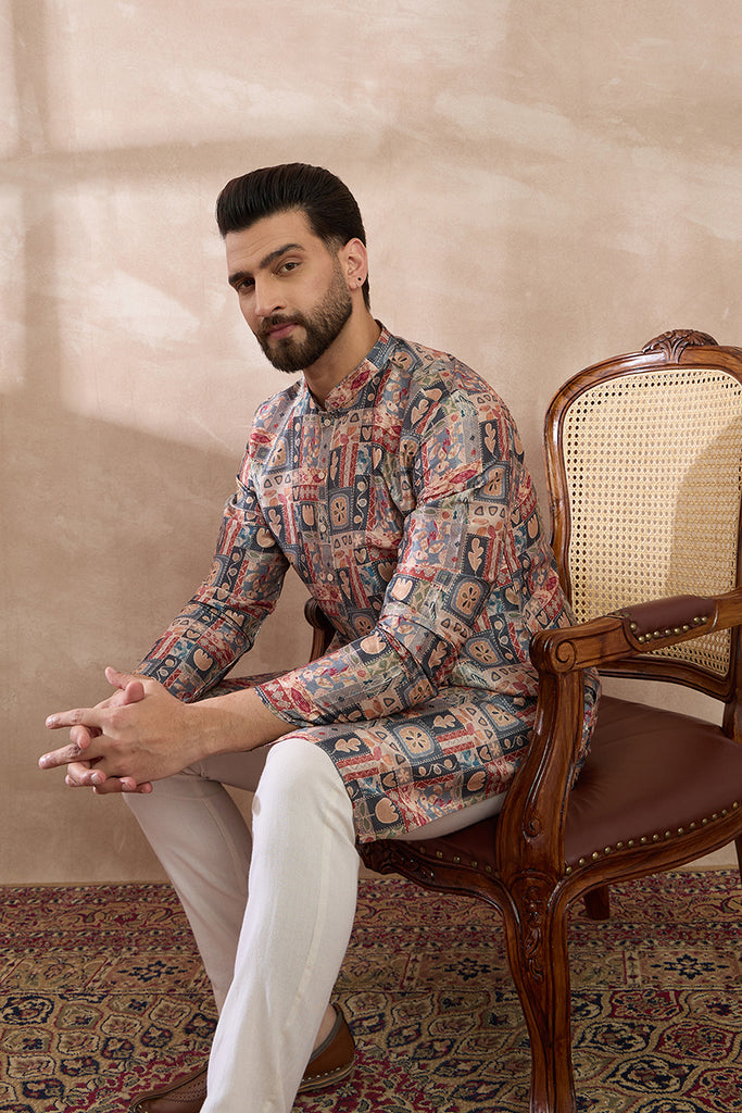 Multi Silk Blend Printed Mandarin Collar Straight Kurta MKU2001