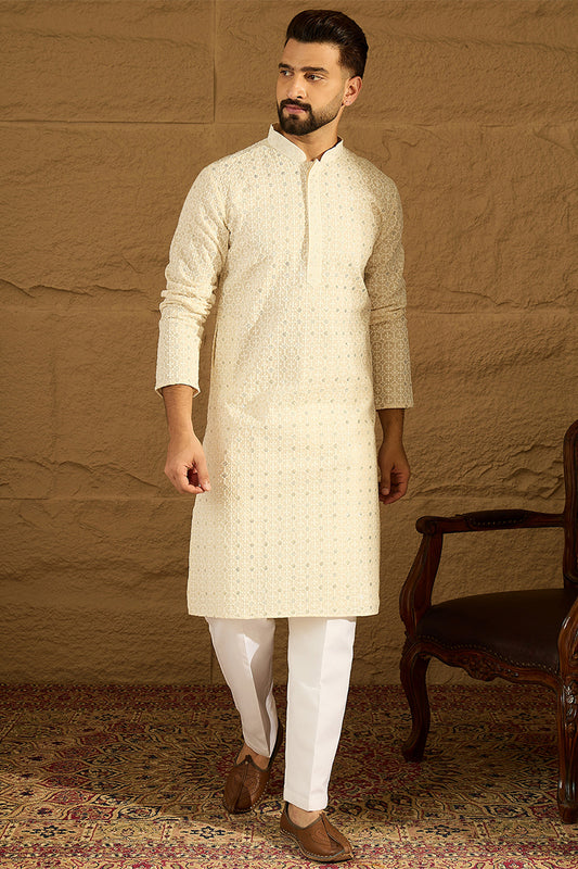 Off White Cotton Solid Printed Straight Kurta with Trouser MKSET1701