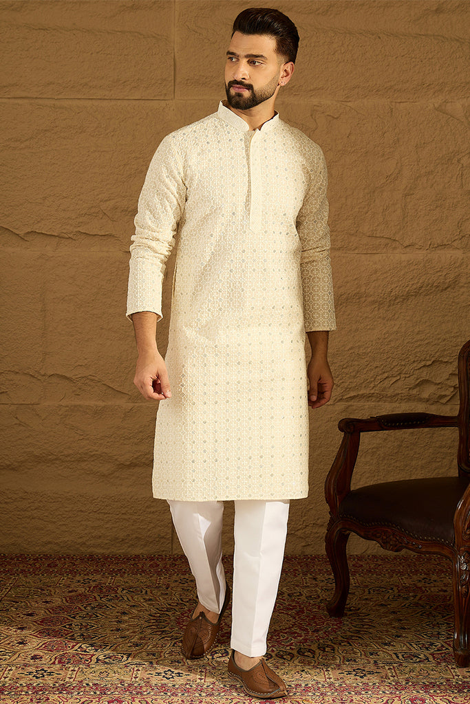Off White Cotton Solid Printed Straight Kurta with Trouser MKSET1701
