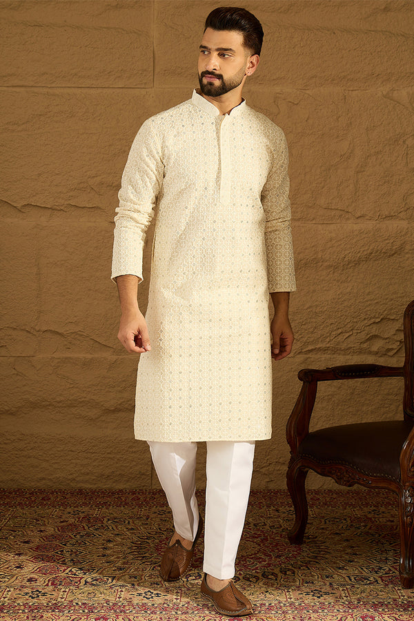 Off White Cotton Solid Printed Straight Kurta with Trouser MKSET1701