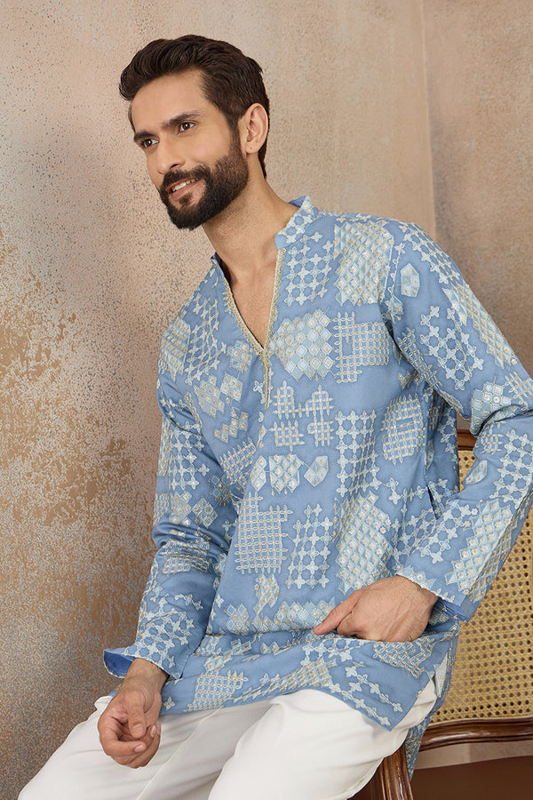 Blue Silk Blend Solid Embroidered Kurta MKU2454