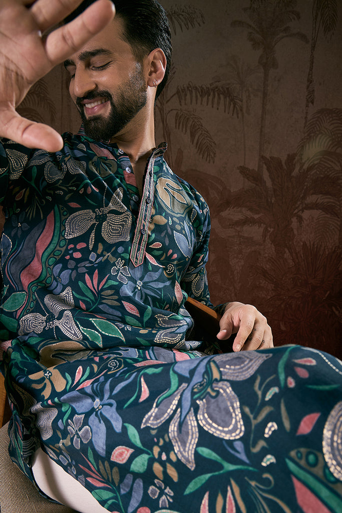 Blue Silk Blend Floral Printed Straight Kurta With Trouser MKSET1962