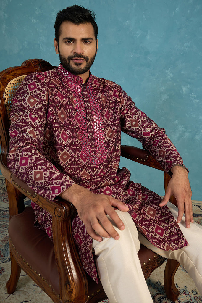 Purple Silk Blend Ethnic Motifs Ikat Printed Kurta MKU1895