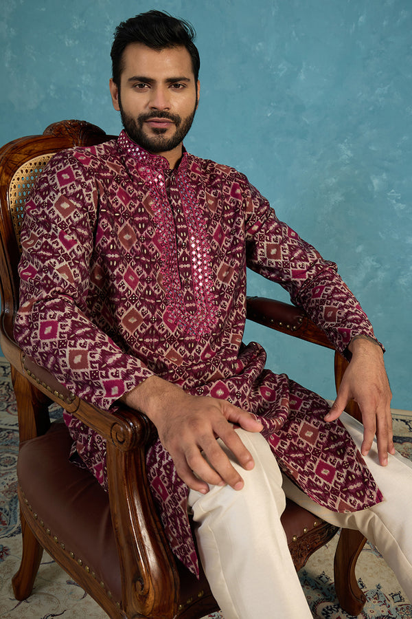 Purple Silk Blend Ethnic Motifs Ikat Printed Kurta MKU1895