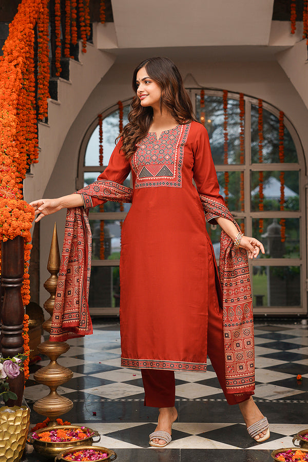 Brown Cotton Blend Ajrakh Printed Straight Kurta Trousers With Dupatta PKSKD3083