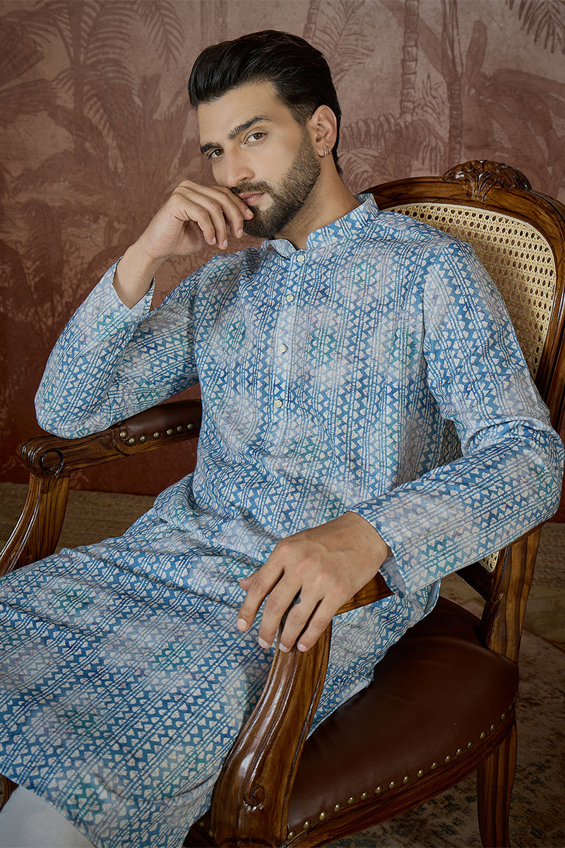 Blue Linen Ethnic Motifs Printed Regular Kurta With Trouser MKSET2434