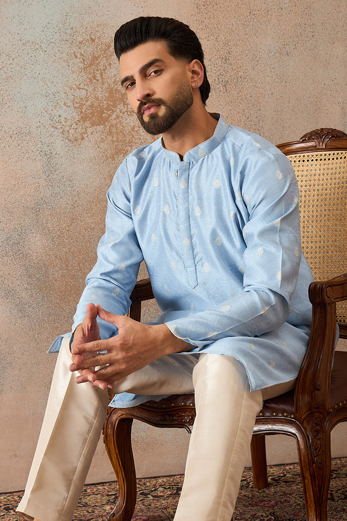 Blue Silk Blend Floral Straight Kurta With Dupatta MKSET2217