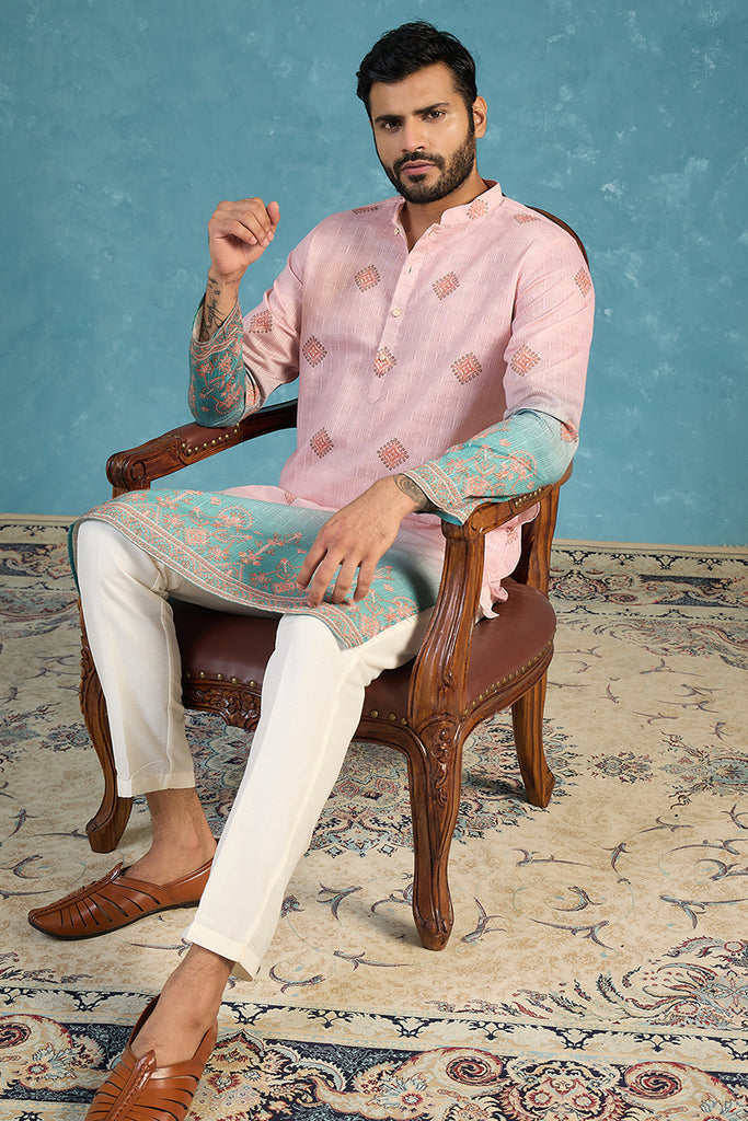 Peach Silk Blend Woven Design Calf Length Straight Regular Kurta With Trouser MKSET2348
