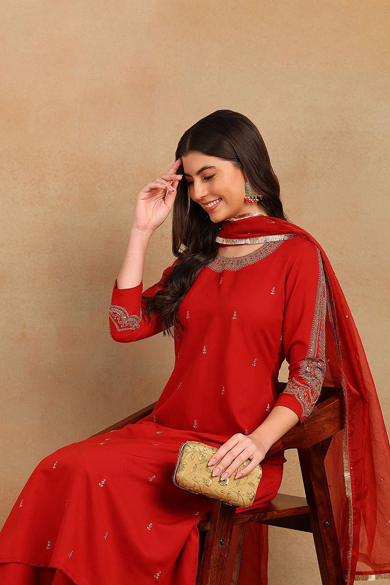 Red Silk Blend Embroidered A-Line Kurta Trouser With Dupatta HOPPKSKD2535RED