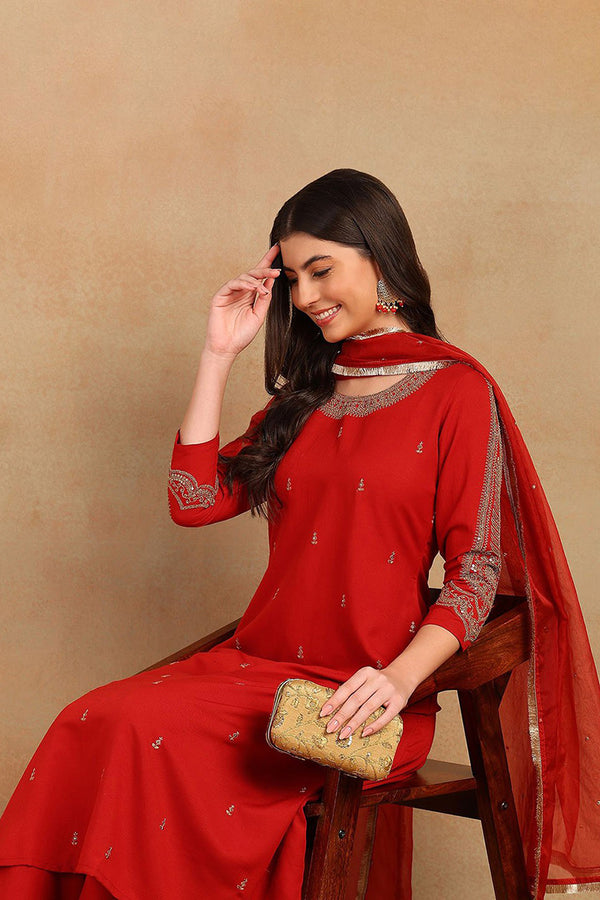 Red Silk Blend Embroidered A-Line Kurta Trouser With Dupatta HOPPKSKD2535RED