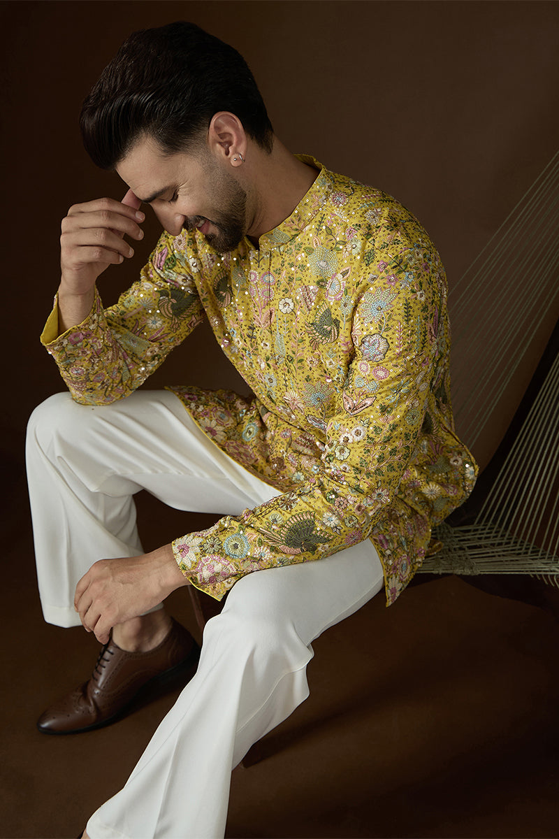 Yellow Georgette Solid Embroidered Kurta With Trouser MKSET2714