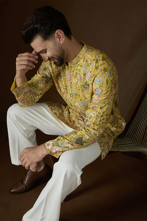 Yellow Georgette Solid Embroidered Kurta With Trouser MKSET2714