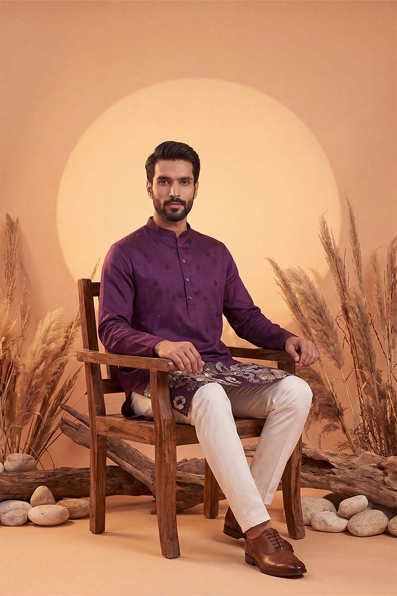 Violet Silk Blend Solid Embroidered Kurta With Trousers MKSET2104