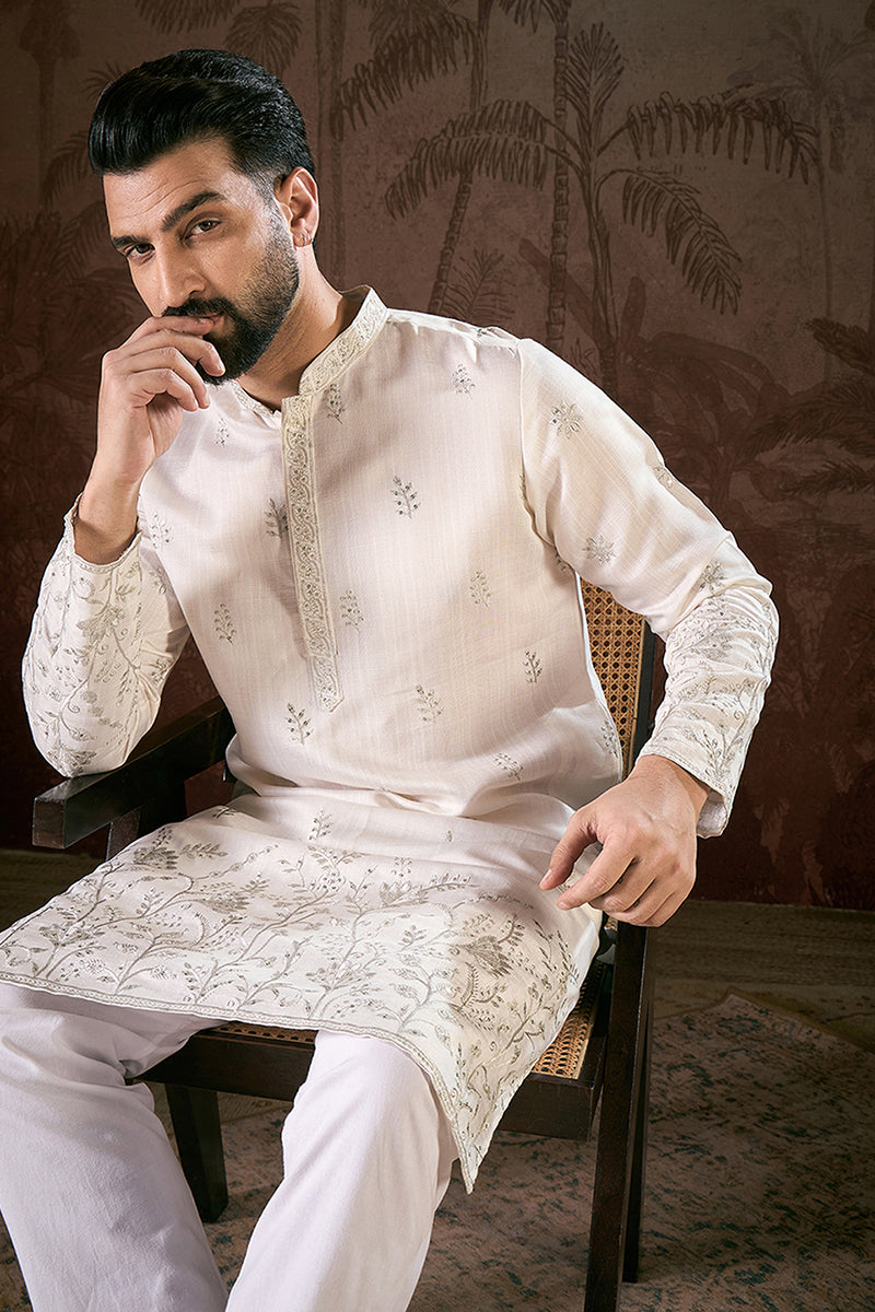 White Silk Blend Floral Embroidered Straight Kurta MKU1784