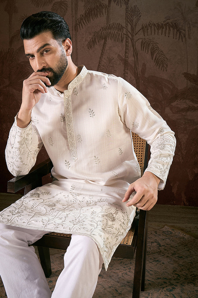 White Silk Blend Floral Embroidered Straight Kurta MKU1784