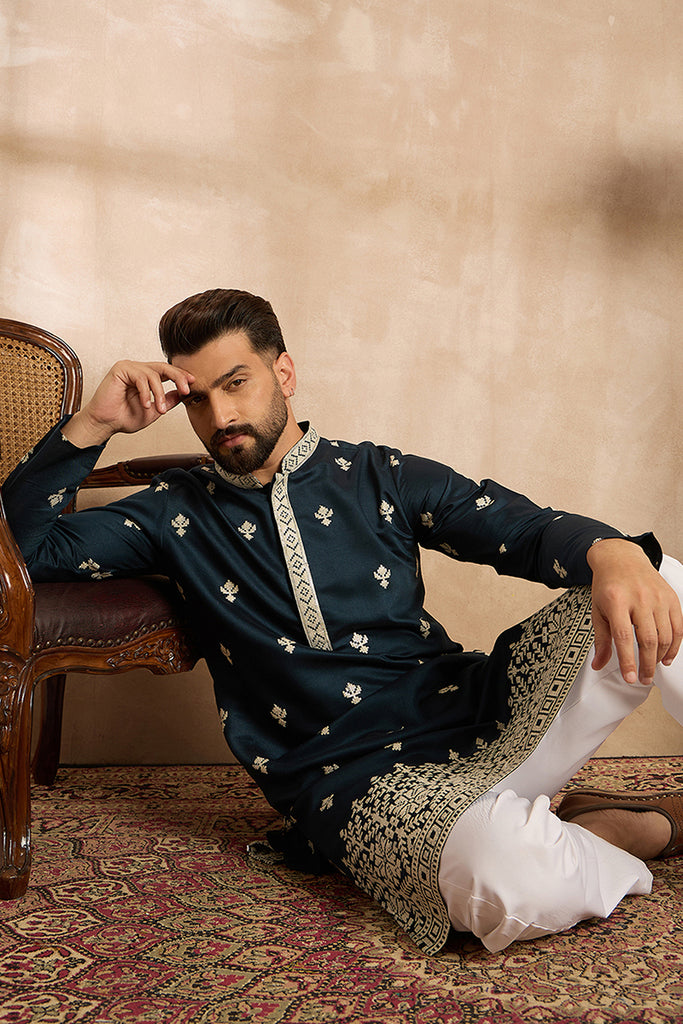 Navy Blue Polyester Solid Embroidered Straight Kurta With Trouser MKSET1810
