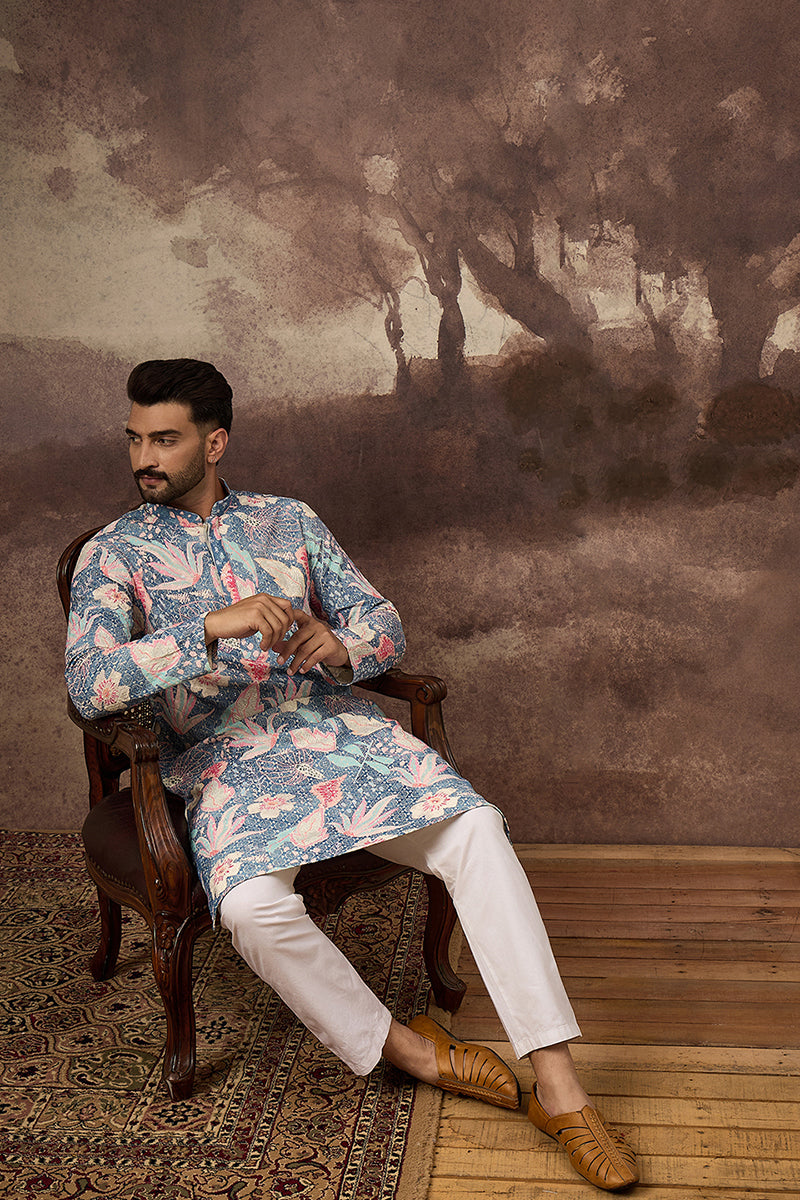 Blue Viscose Rayon Floral Embroidered Straight Kurta with Trouser MKSET1429
