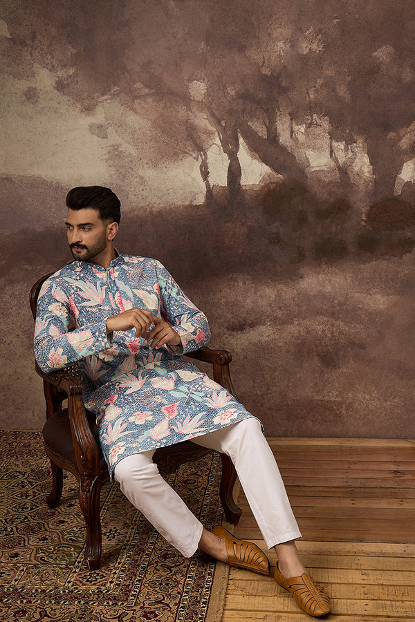 Blue Viscose Rayon Floral Embroidered Straight Kurta with Trouser MKSET1429