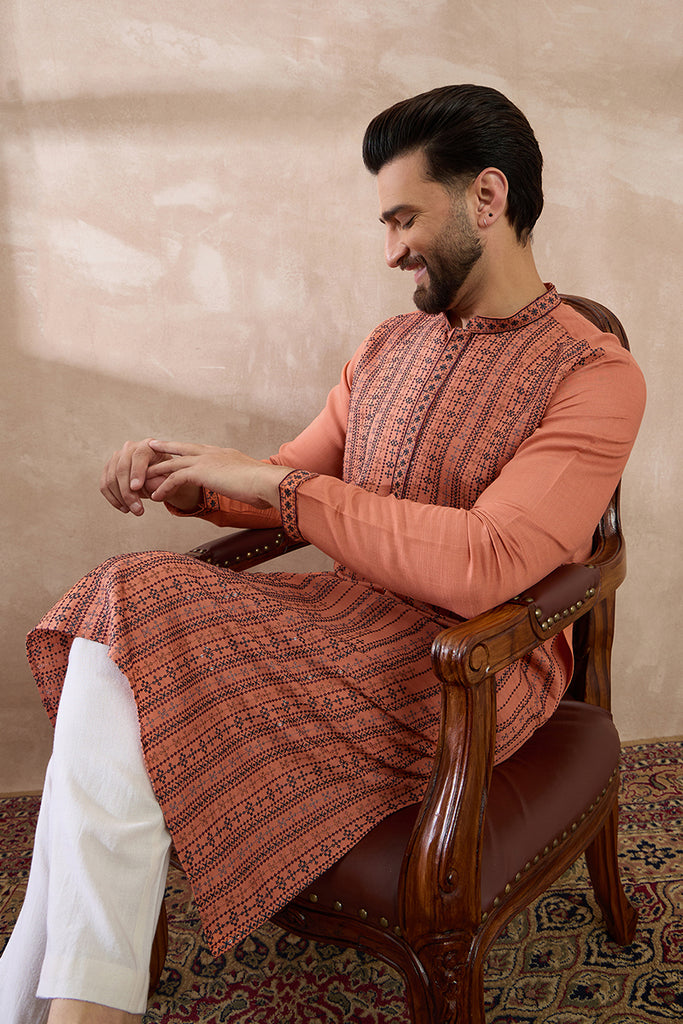 Orange Silk Blend Embroidered Mandarin Collar Straight Kurta With Trouser MKSET2043