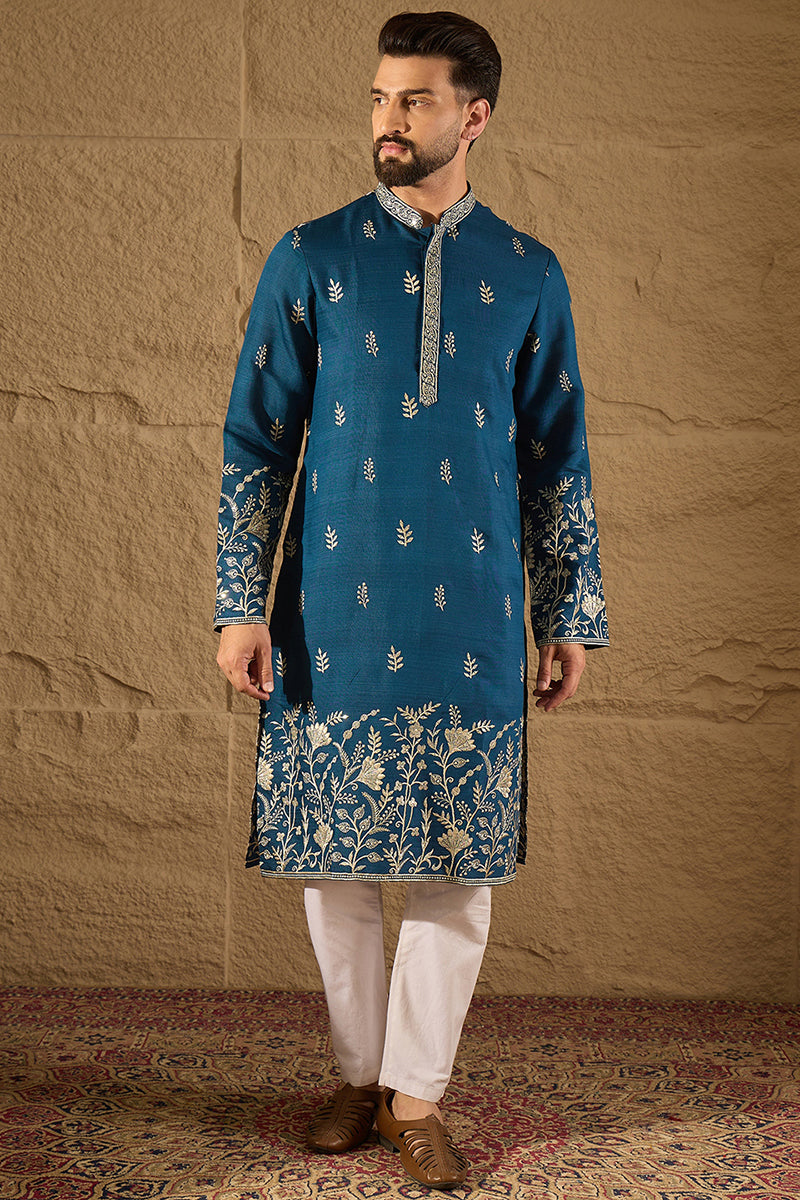Blue Chanderi Silk Solid Embroidered Straight Kurta with Trouser MKSET1315