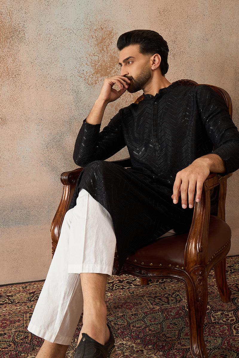 Black Rayon Embroidered Solid Straight Kurta With Trousers MKSET2190