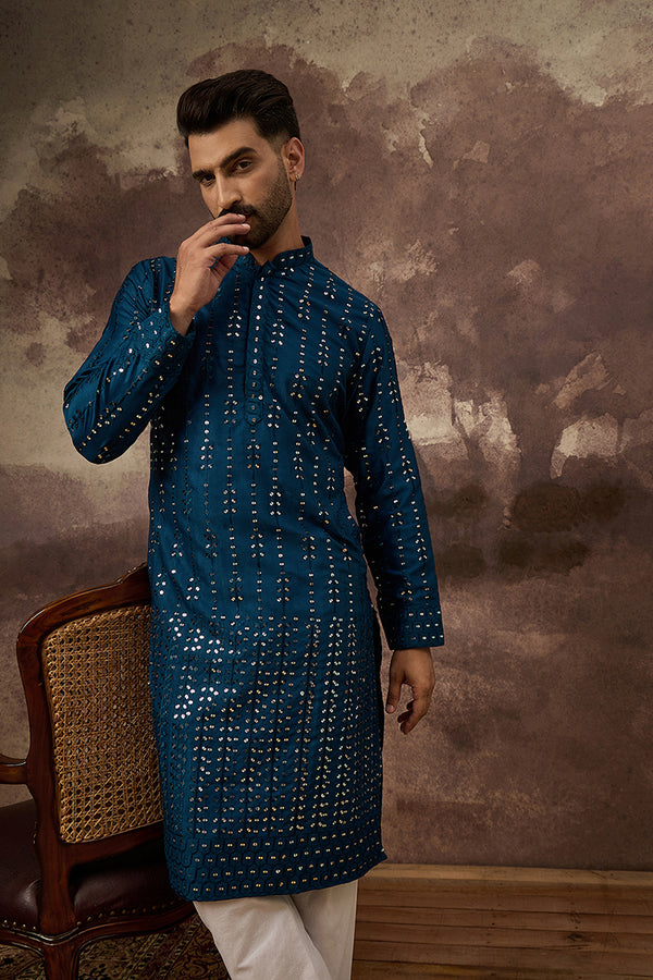 Blue Silk Blend Solid Embroidered Straight Kurta With Pant Set MKSET1358