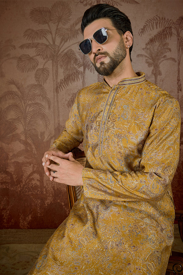 Mustard Silk Blend Ethnic Motifs Embroidered Kurta With Trouser MKSET2534