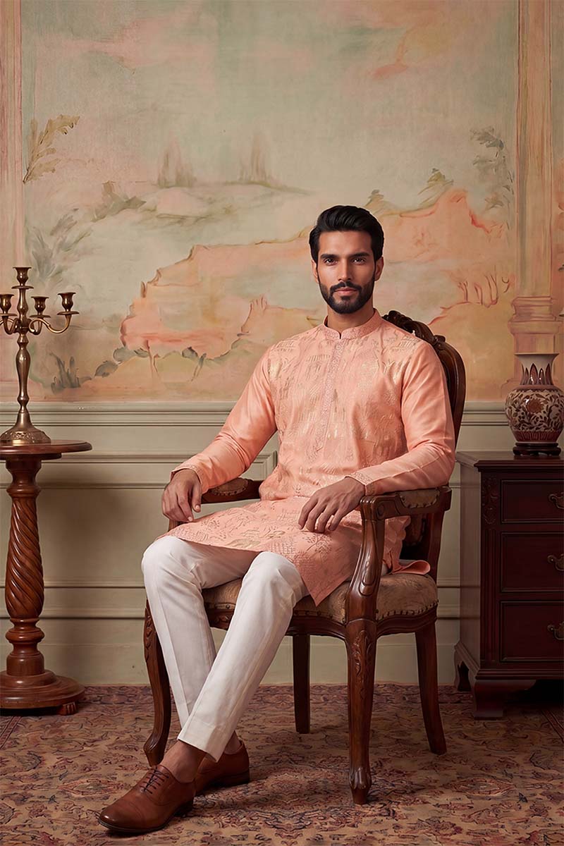 Peach Viscose Rayon Solid Embroidered Kurta With Trousers MKSET2092