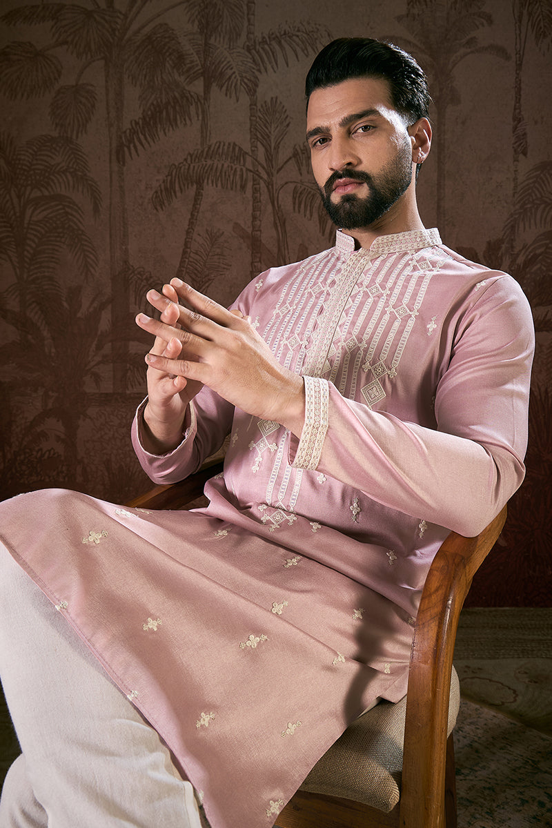 Pink Silk Blend Solid Embroidered Straight Kurta With Trouser MKSET1788