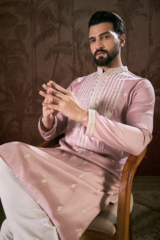 Pink Silk Blend Solid Embroidered Straight Kurta With Trouser MKSET1788