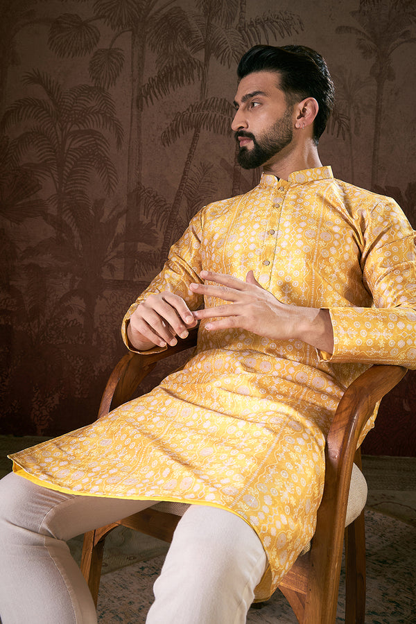 Yellow Silk Blend Floral Printed Straight Kurta MKU1948