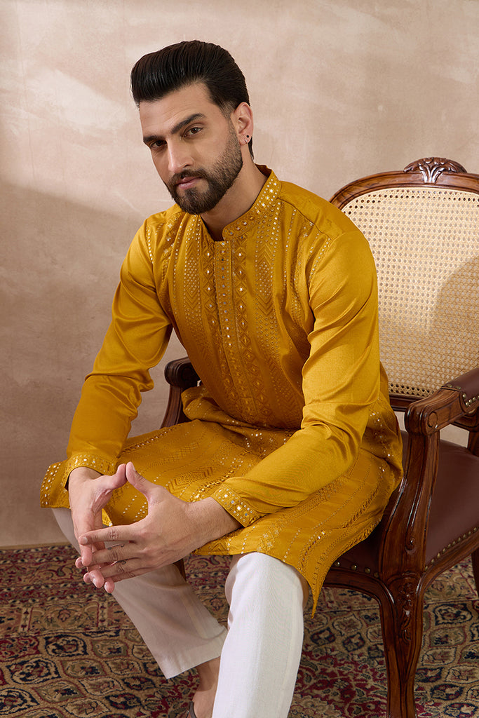 Mustard Silk Blend Embroidered Mandarin Collar Straight Kurta With Trouser MKSET1888